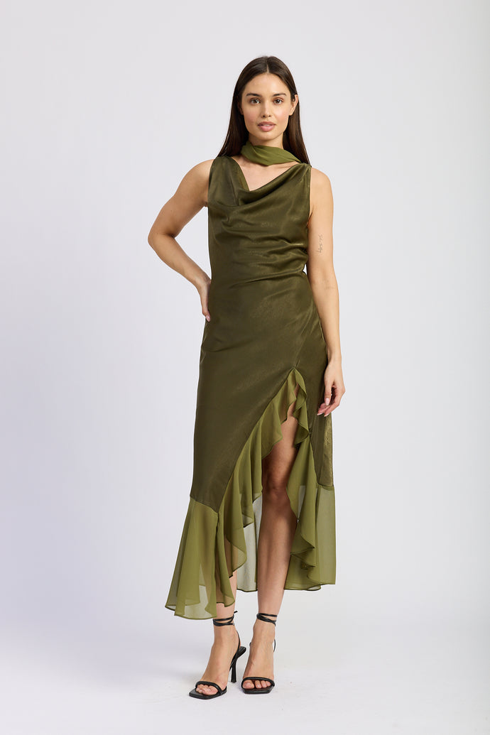 Amirah Cowl Ruffle Maxi Dress